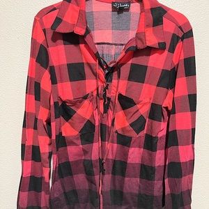 Long Sleeve Plaid Ombré Top- Large